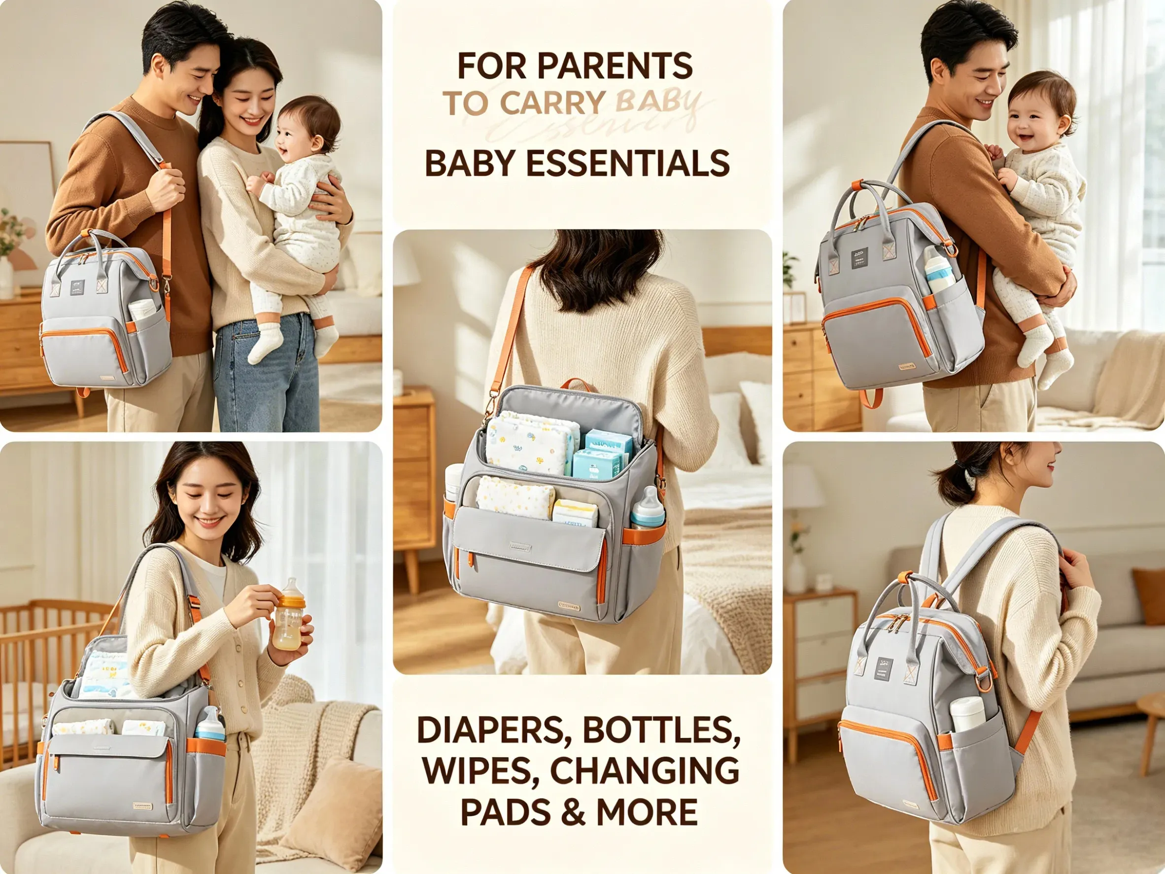 Custom backpack diaper bag with multiple compartments, designed for hands-free parenting